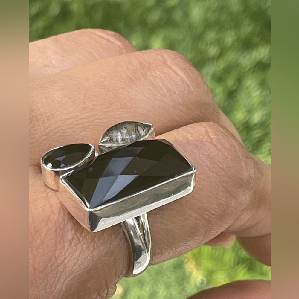 Ring Black Onyx multi stone statement Ring in 925 Sterling silver (US 7 and up) - Picture 8 of 12